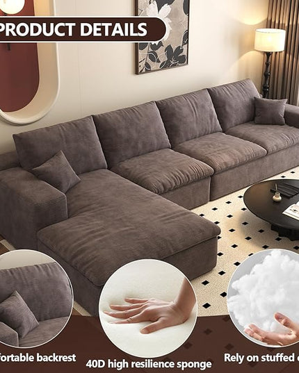 136.6'' L-Shaped Modern Modular Sectional Cloud Couch, 4-Seat Chenille Deep-Seat Sofa with Pillow for Living Room, Bedroom, Apartment, Camel
