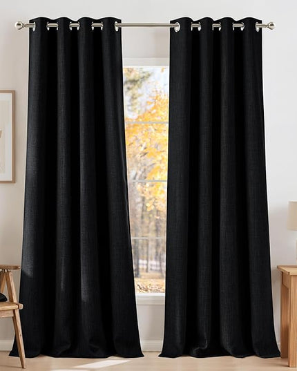 NICETOWN Faux Linen Black Blackout Curtains 84 inches Long for Living Room - Privacy Panels for Bedroom, Modern Farmhouse Style Easy Care Grommet Top, 2 Panels, W52 by L84