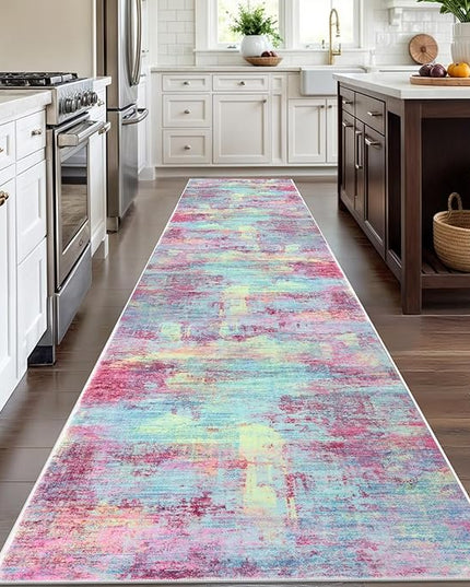 IOHOUZE Abstract Runner Rug 3x12 Ft Washable Runners for Hallways, Non Slip Kitchen Runner Printed Faux Wool Entryway Runner Indoor, Modern Abstract Floor Carpet for Hall Kitchen, Pink Teal