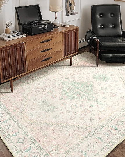 MUJOO Washable Rug 4x6.5,Boho Area Rugs for Bedroom Living Room Office Playroom,Small Non Slip Indoor Throw Carpet Low Pile Light Pink and Green
