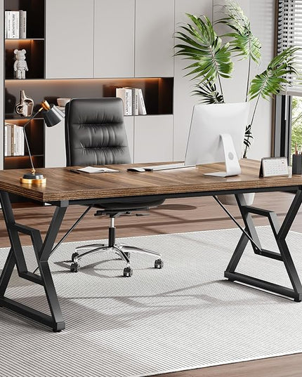 63" Large Executive Desk - Computer Office Desk Workstation, Modern Business Writing Table with Sturdy Metal Legs for Home Office (Dark Walnut/Black)