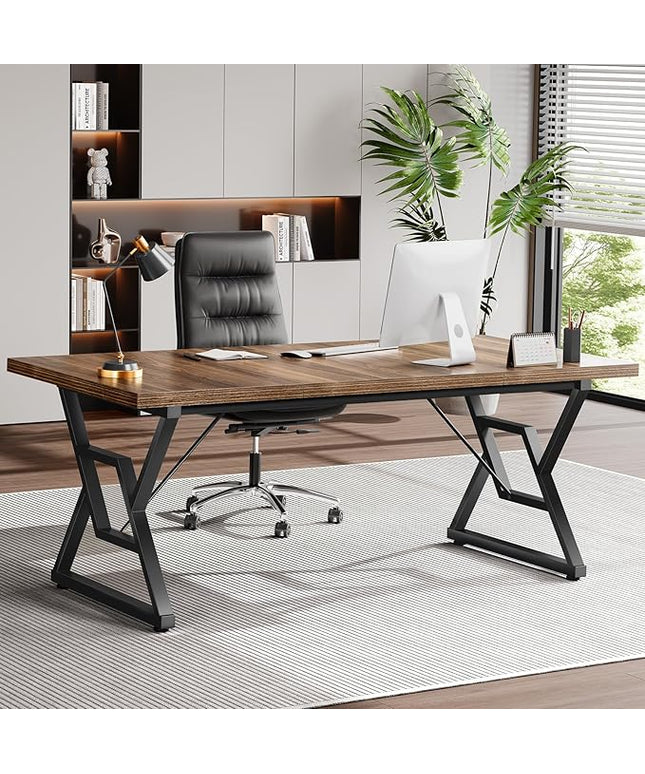 63" Large Executive Desk - Computer Office Desk Workstation, Modern Business Writing Table with Sturdy Metal Legs for Home Office (Dark Walnut/Black)