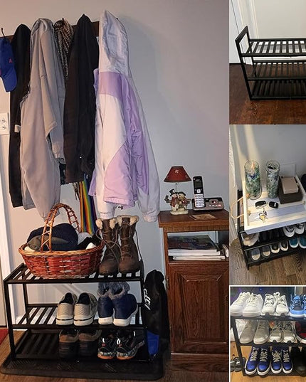 Bamboo Shoe Rack for Entryway, Stackable 3 Tier Shoe Organizer Shelf Storage 9-12 Pairs Shoes Stand Cubby for Closet Door Hallway Bedroom Garage Black, Thanksgiving