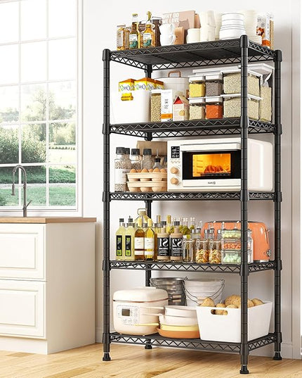 REIBII 1000LBS Wire Shelving Unit, 5 Tier Adjustable Metal Storage Shelves for Kitchen Pantry Office Steel Organizer Wire Rack for Narrow Space, 13.4" D x 23.2" W x 60" H, Black,2PCS