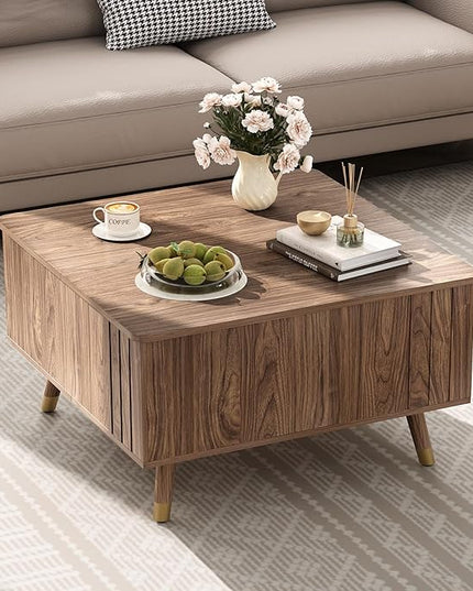 Lift Top Coffee Table, Mid Century Modern Center Table with Large Hidden Storage Compartment, 31.5" Square Coffee Tables for Living Room, Home Office, Walnut