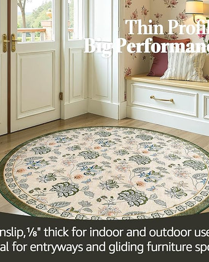 jinchan Elora 5ft Floral Round Rug for Entryway Washable Rug Vintage Romance Christmas Design Non Slip Indoor Doormat Lightweight Low-Profile Throw Carpet for Living Room Dining Room, Green/Beige