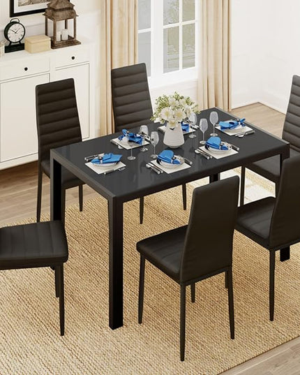 Gizoon Glass Dining Table Sets for 6, 7 Piece Kitchen Table and Chairs Set for 6 Person, PU Leather Modern Dining Room Sets for Home, Kitchen, Living Room