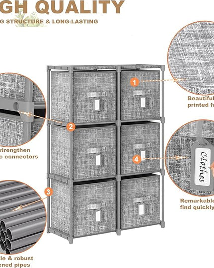 Cube Storage Organizer Shelf with 6 Printed Bins + Labels, Cubby Storage Organizer with Bins, Large Capacity Shelves for Storage,Closet, Living Room, Dorm, Yarn