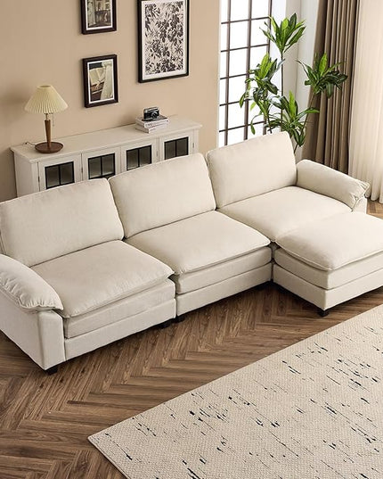 VINGLI 121" Deep Cloud Couch, Lazy Modular Sectional Sofa Set for Living Room,Modern Linen 3-Seat Convertible Loveseat Sofa with 1 Ottoman for Small Space（Beige）