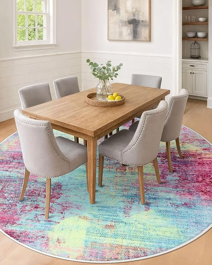 IOHOUZE Abstract Round Area Rug 8 Ft Washable Circle Rugs Large Round Rug Non Slip Thin Soft Circle Rugs, Printed Faux Wool Floor Carpet for Bedroom Living Room Dining Room Nursery, Pink Teal