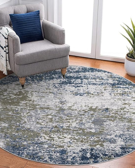 Modern Abstract 6x6 Round Area Rug Non Slip Non Shedding Rug Low Pile Stain Resistant for Bedroom Living Room Office Dining Room,Navy