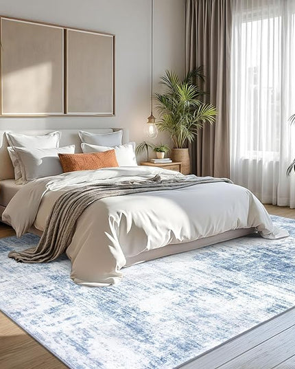 IOHOUZE Abstract Area Rugs 8x10 Ft Washable Large Rugs for Living Room, Non Slip Dining Room Rug, Printed Faux Wool Rugs for Bedroom, Floor Carpet for Office Nursery Playroom, Light Blue White
