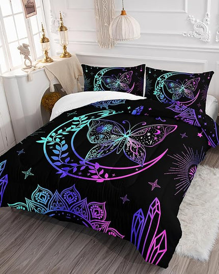 AILONEN Moon Comforter Set Twin Size, Bohemian Butterfly Bedding Set,Sun and Moon Butterfly Comforter,Boys Girls Gradient Celestial Duvet Set 3 Pieces, 1 Quilt and 2 Pillowcases