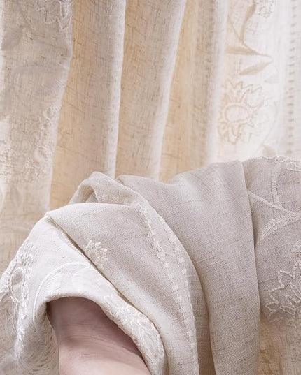 jinchan Winslow Linen Curtains 45 Inch Length Small Window Curtains Embroidered Bordered Floral Drapes Light Filtering for Bathroom Laundry Room Kitchen Farmhouse Decor White on Beige 2 Panels