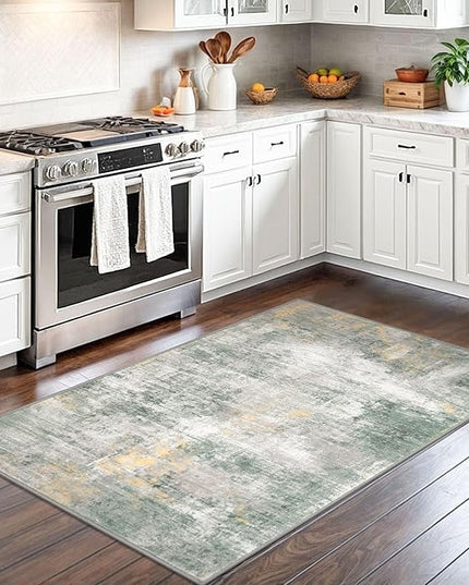 IOHOUZE Abstract Area Rug 3x5 Ft Washable Rugs for Entryway Indoor, Non Slip Kitchen Rug Printed Faux Wool Throw Rugs, Indoor Door Mat for Door Entrance Foyer Living Room, Light Green/Gray/Orange