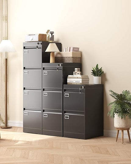3 Drawer Metal File Cabinet with Lock, Small Locking Filing Cabinets, Vertical File Cabinet with Key, Black Under Desk Filing Cabinets for Home Office