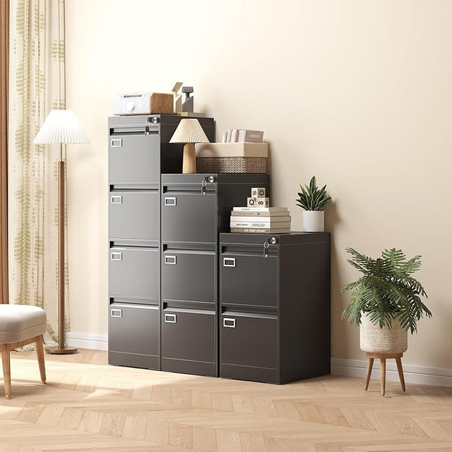 3 Drawer Metal File Cabinet with Lock, Small Locking Filing Cabinets, Vertical File Cabinet with Key, Black Under Desk Filing Cabinets for Home Office