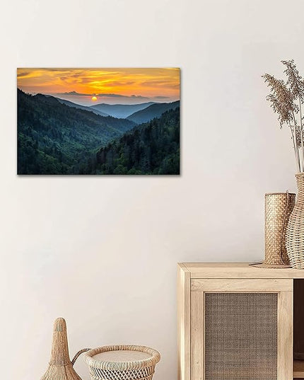 Forest Sunrise Wall Art Decor Great Smoky Mountains Photo Prints National Park Landscape Canvas Painting Artwork Framed for Bedroom Living Room (24x36 inch)