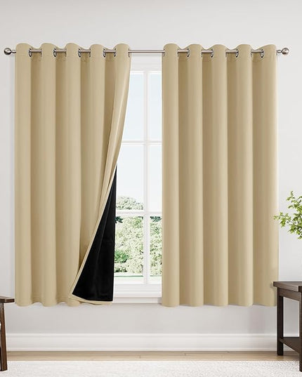 ChrisDowa 100% Blackout Curtains 63 inch Long for Bedroom with Black Liner, Extra Wide 2 Thick Layers Total Blackout Thermal Insulated Grommet Window Curtains 2 Panels Set (Beige, 60 x 63 Inch)