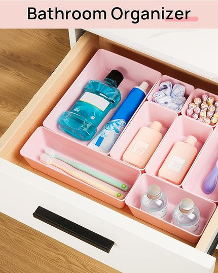 Vtopmart 25 PCS Plastic Drawer Organizers Set, 4-Size Versatile Bathroom and Vanity Drawer Organizer Trays, Storage Bins for Makeup, Bedroom, Kitchen Gadgets Utensils and Office