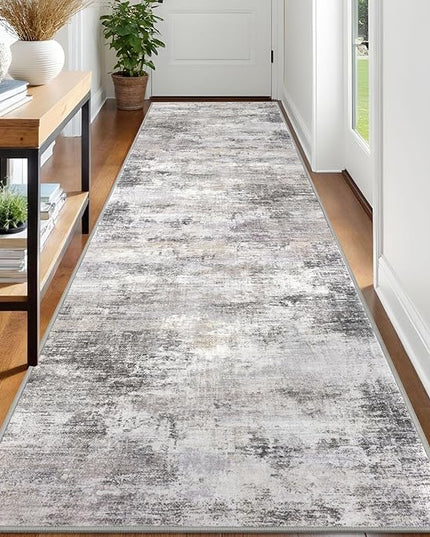 IOHOUZE Abstract Runner Rug 3x12 Ft Washable Runners for Hallways, Non Slip Kitchen Runner Printed Faux Wool Entryway Runner Indoor, Modern Abstract Floor Carpet for Hall Kitchen, Grey Beige