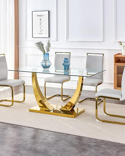 63” Glass Dining Table Set for 4,Gold Dining Room Table Set for 4,Modern Kitchen Table and PU Leather Chairs for 4, Rectangle Tempered Glass Top and Golden Base