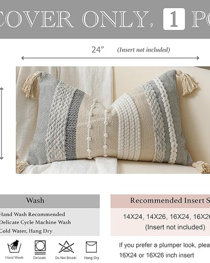 BlissBlush Decorative Lumbar Throw Pillow Cover 14x24 Boho Gray Accent Cushion for Couch Sofa Farmhouse Pillowcase for Bedroom Living Room Home Décor Cover ONLY