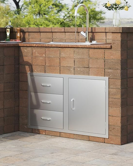 VEVOR BBQ Island Drawers 38.1W x 22.6H x 20.8D, Outdoor Kitchen Door Drawer Combo Cabinets, BBQ Access Door/Triple Drawers Combo, Stainless Steel Handles, Perfect for BBQ Island Patio Grill Station