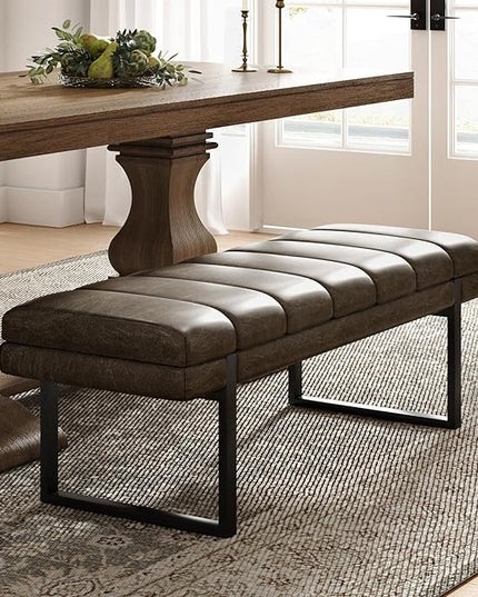 HULALA HOME 53" Faux Leather Entryway Bench, Button Tufted End of Bed Bench Ottoman for Bedroom, Living Room with Metal Base, Grey