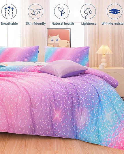 Rainbow Bedding Set Queen Size – 6-Piece Reversible Girls Comforter with Deep-Pocket Sheet, Gradient Galaxy Design, Whole-Piece Filling, Machine Washable Bed-in-a-Bag for Kids Room Makeover & Gifts