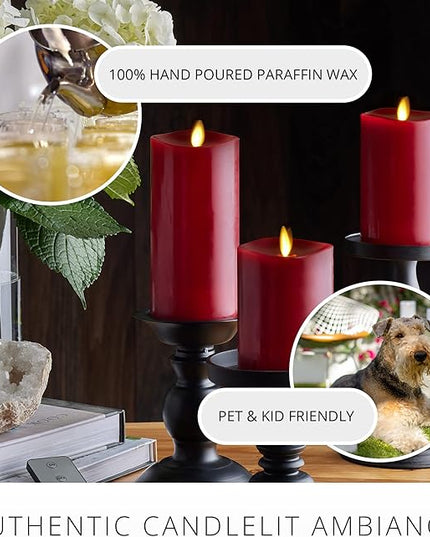 Luminara Flameless Flickering Melted Edge Set of 3 Candles, Battery Operated & Timer Function, Remote Included, Unscented Paraffin Burgundy Wax LED Light Pillar, Christmas Holiday Décor