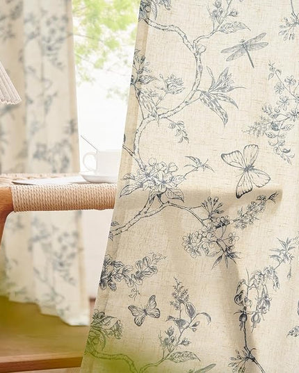 Lazzzy Linen Floral Farmhouse Curtains Blue Curtains 90 Inch Length Drapes for Living Room Bedroom Pattern Light Filtering Country Vintage Curtain Grommet Top, 2 Panels, Blue on Beige
