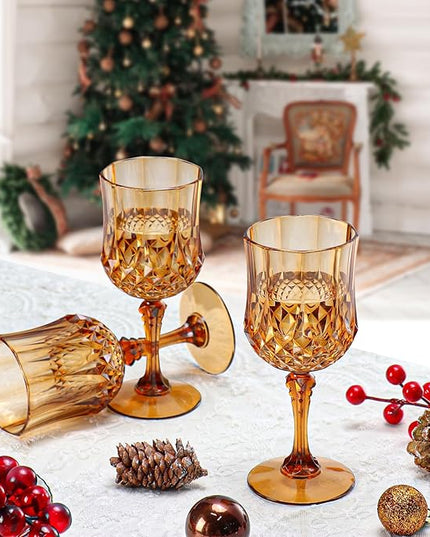 XUWAIDSGN 7oz Plastic Vintage Wine Glasses Drinking Glasses Unbreakable Wedding Glassware Crystal Water Goblets Reusable Drinkware Vintage Champagne Flutes (48, Brown)