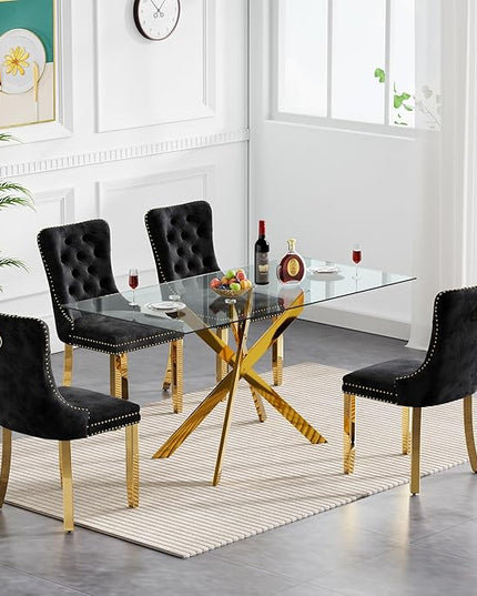 60" Glass Dining Table Set for 4, Modern Dining Room Table Set for 4, Gold X-Shape Pedestal Glass Table with 4pcs Black Dining Chairs, 5 Piece Dining Set for Dining Living Room