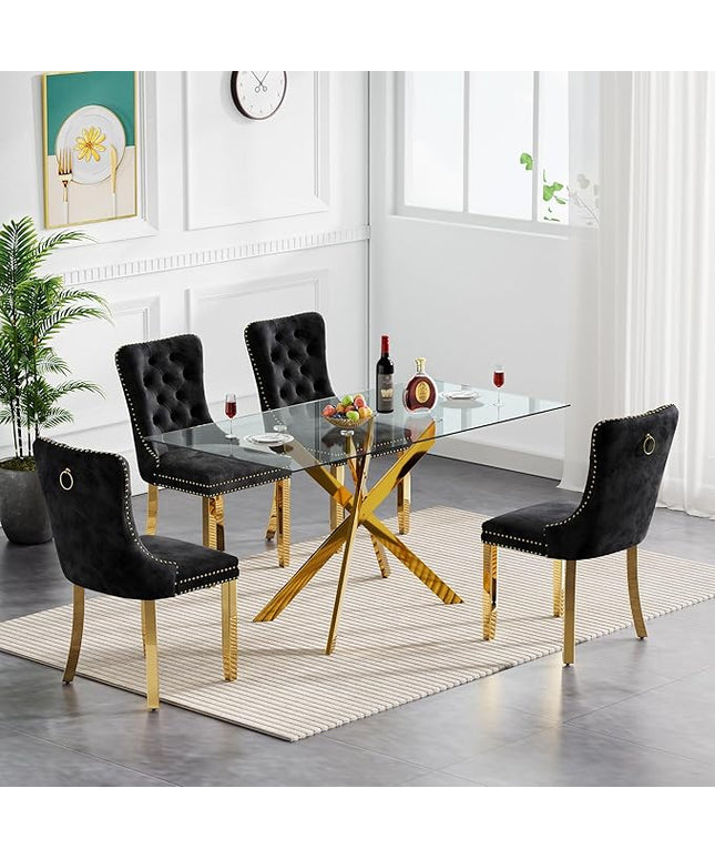 5 Piece Dining Table Set for 4, 51in Glass Dining Table Set with 4 Upholstered Dining Chairs, Black Tufted Chair & Dining Room Table Set w/Metal Legs, Gold Glass Kitchen Table and Chair Set for 4