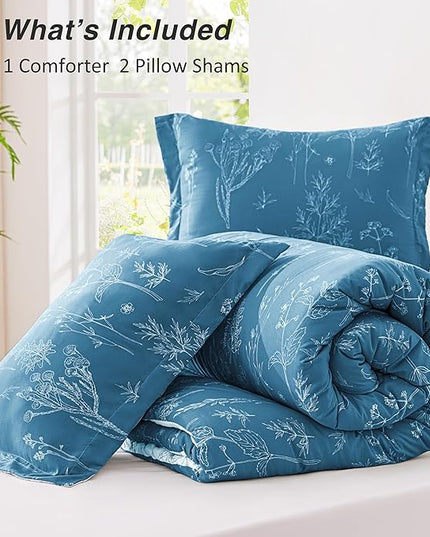 Love's cabin Mineral Blue Full Comforter Set - Full Size Comforter Set, 3 Pieces Cute Floral Bedding Sets for All Seasons,1 Soft Reversible Botanical Flowers Comforter and 2 Pillow Shams