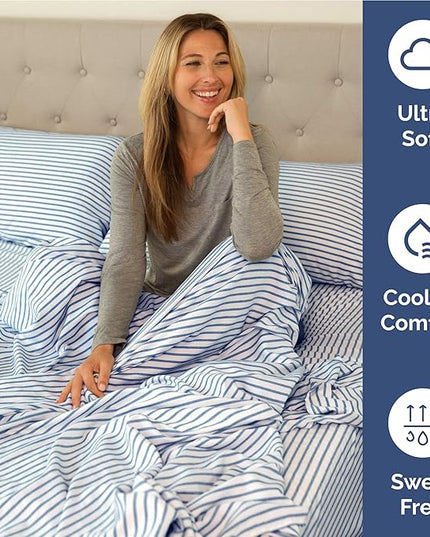 Full Size 4 Piece Sheet Set - Comfy Breathable & Cooling Bed Sheets Set - Hotel Luxury Bedding for Women, Men, Kids, Teens, Boys & Girls - Deep Pockets, Soft, Wrinkle Free - Oeko-Tex - Blue Stripes 2