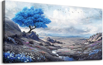 XIGUANGART Landscape Canvas Wall Art for Bedroom Blue Flowers Tree Art Prints Painting Nature Picture Modern Artwork Wall Decor for Living Room Kitchen Home Office Mural Posters Gift 20"X40"