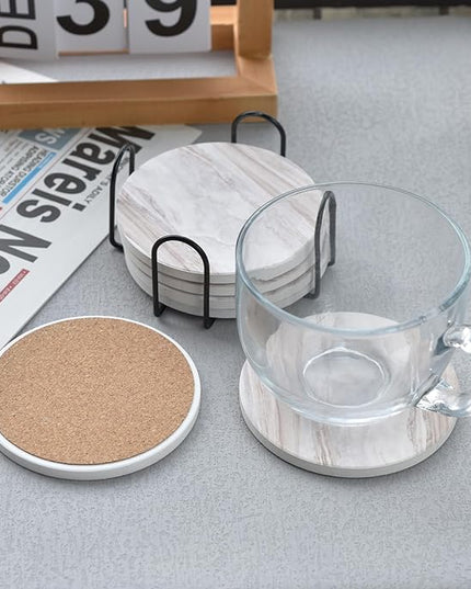 6Pcs Drink Coasters with Holder, Marble Style Ceramic Drink Coaster, Absorbent Coasters Set Suitable for Kinds of Cups, Modern Style Coasters for Coffee Table, 4 Inches