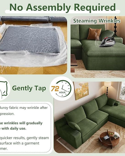 107" Cloud Couch Modular Sectional Sofa for Living Room, L-Shape Boneless Couch with Deep Seat, Modern Corduroy 3-Seater, No Assembly Required (Green,Right-Facing Chaise)