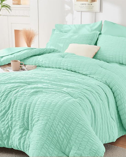 HYMOKEGE Mint Green Queen Comforter Set Seersucker 7 Pieces, All Season Luxury Bed in a Bag Queen for Bedroom, Bedding Set with Comforter, Sheets, Pillowcases & Shams