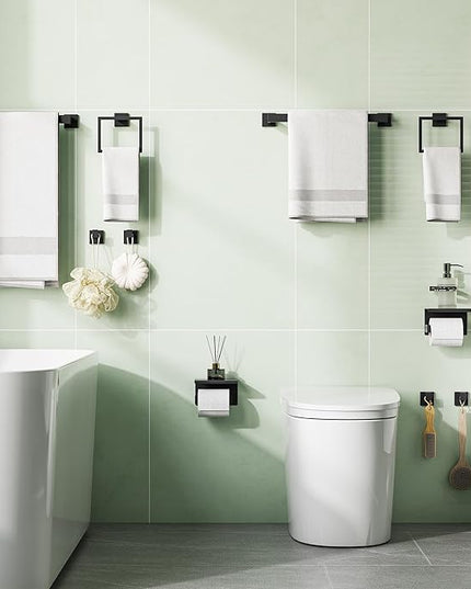 10-Pieces Bathroom Hardware Set, SUS304 Stainless Steel Wall Mounted 23.6 Inch Towel Bar, Toilet Paper Holder, Towel Hooks, Bathroom Towel Bar Set (Matte Black (Type 2), 10 Piece-23.6 inch)