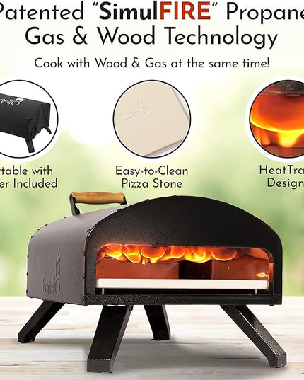 Bertello SimulFIRE Outdoor Pizza Oven Bundle - Wood Fire Portable 12 inch Brick Oven with Gas Burner, Peel, Wood Tray, Cover, & Thermometer - Portable Pizza Maker - As Seen on SHARK TANK