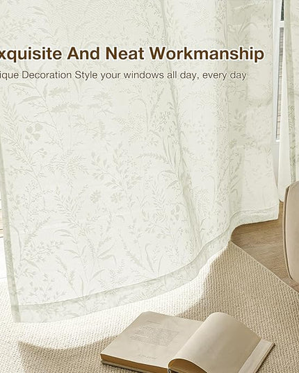 Anmao Cream Semi Sheer Light Filtering Curtains 90 Inches Long 2 Panels, Leaf Pattern Drapes for Living Room Bedroom, Rod Pocket Sheer Window Treatments with Floral Design, 52x90 Inch, Ivory