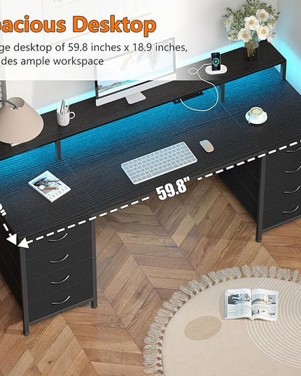 60 Inch Computer Desk with 8 Drawers, Gaming Desk with LED Lights & Power Outlets, Home Office Desk with Monitor Stand, Black