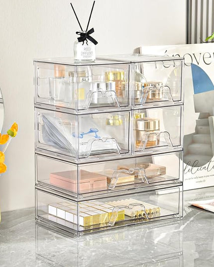 6 Pack Stackable Storage Drawers Clear Acrylic Organizer Makeup Bathroom Organizer and Storage Bins for Beauty Supplies,Ideal for Vanity, Bathroom,Pantry Organization