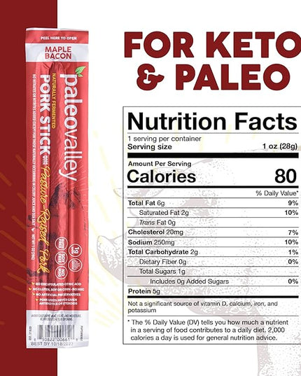 Paleovalley Pasture-Raised Pork Sticks - Maple Bacon Flavor Meat Sticks Individually Wrapped, 28g - 10 Sticks - Gluten-Free Protein Snack