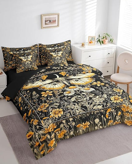 Feelyou 7 Piece Boho Death Moth Bed in a Bag Queen for Boys Kids Butterfly Moth Sheet Set,Flower Mushroom Rustic for Girls Women Moon Sun Bedding Set with Comforter Boho Style Cushion Covers