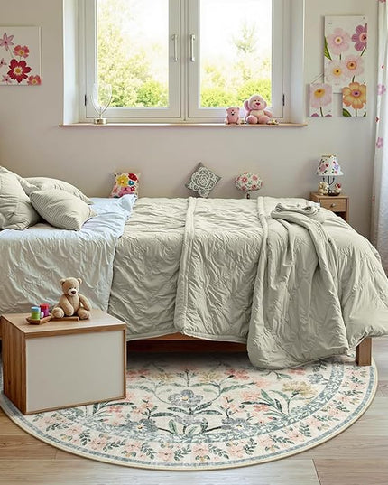 Wonnitar Round Washable Rug, Soft Floral Round Rugs 5ft Circle Carpets for Bedroom Ultra-Thin, Boho Beige Print Distressed Circular Carpet for Living Room Dorm Bedside