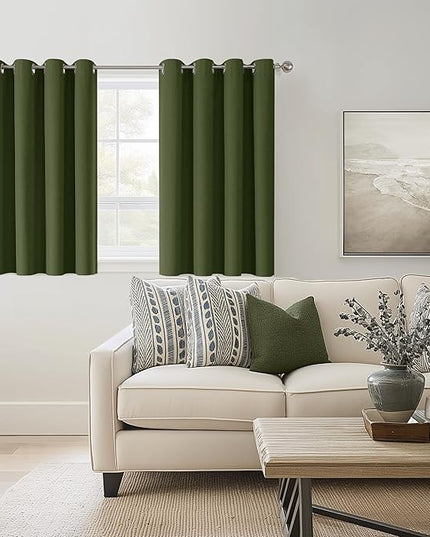 ChrisDowa 100% Blackout Olive Green Solid Curtains 45 Inches Long 2 Panels for Bedroom Living Room,Farmhouse Room Darkening Thermal Insulated Soundproof Grommet Top Window Treatment Drapes,52x45